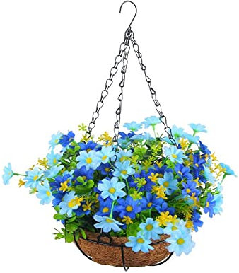 YSINOBEAR Artificial Hanging Basket with Flowers,Flower Basket,Artificial Hanging Flowers in Basket, Silk Chain Hanging Basket,Fake Hanging Plants for Home Outdoors Garden Patio Porch (H)
