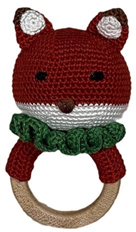 QidQuu® Amigurumi Babyrassel mit En71 geprüftem Beißring aus hochwertigem Ahornholz Rassel Baby Holz Spielzeug Beißring Baby Handmade Rassel Greifling Beissring Rassel Geschenk Gehäkelt Hase (203B7)