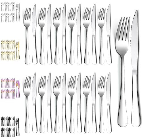 Evanda Juego de Cuchillos para Bistec 24 Piezas, Acero Inoxidable 12 Tenedores y 12 Cuchillos para Cena, Cuchillos para Bistec Tenedores para Bistec, Aptos para Lavavajillas