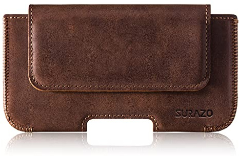 SURAZO Premium 100% Echtleder Gürteltasche für Apple iPhone 15 Pro Hülle Leder – Horizontale Holster Schutzhülle [Vollleder Handyhülle] Gürtel Tasche Case Cover Lederhülle (Nussbraun)