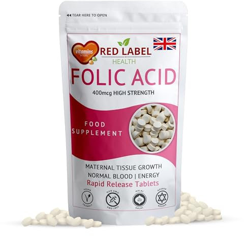 Red Label Health Folic Acid 400 mcg Tablets, 30 Vitamin B9 Tablets (1 Month Supply), Folate Fertility Supplement for Women, Vegan, Vegetarian, Supports Maternal Tissue Growth, Made in The UK