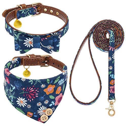 EXPAWLORER Hundeleine und verstellbare Halsbänder, Bandana-Halsband mit Glöckchen und Fliege, klassisches Karo, für kleine Hunde und Katzen, Blumen, Größe XS