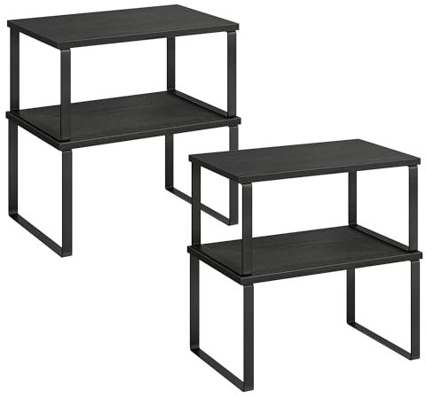 SONGMICS Kitchen Cupboard Organisers, Set of 4 Counter Storage Shelves, Stackable, Expandable Spice Racks, Metal and Engineered Wood, Ink Black and Ebony Black KCS027B01