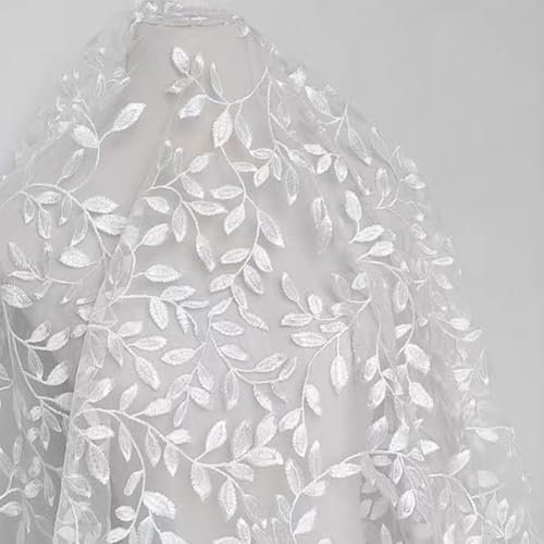MAYJOYDIY 1.8 × 1.6 m Vintage Spitzenstoff Mit Zweigen Und Blättern Breiter Weißer Stickerei Tüll Französischer Spitzenbesatz Für Heimwerker Basteln Hochzeit Party Nähen Kleider Vorhänge