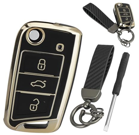 Für VW Polo SkodaTiguan MK7 schlüssel Schutzhülle für VW Golf 7 Polo MK6 Jetta Tiguan Skoda Superb Seat Leon mit Schwarz Goldrand TPU-Silikon-Schutzhülle und Auto Premium Kohlefaser Schlüsselanhänger