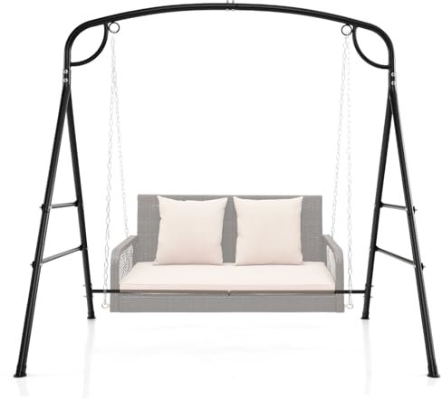 SFAREST Outdoor Metal Swing Frame, Sturdy A-Shaped Porch Swing Stand with Extra Side Bars and Hanging Rings, Outdoor Hanging Stand for Backyard Garden (180 x 133 x 182 cm)