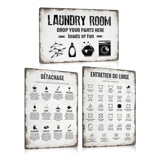 LOT DE 3 - Buanderie Plaque Metal Vintage Français 20x30cm - Laundry Panneau Pancarte Deco Accessoires - Toilettes Affiche Salle de Bain Poster WC Tableau Decoration Murale en Métallique