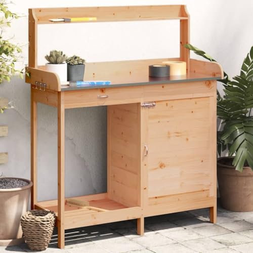 Tidyard Pflanztisch mit Schrank Gärtnertisch Blumentisch für Garten Balkon Terrasse, Gartentisch Arbeitstisch, Braun 110,5x45x124,5cm Massivholz Tanne