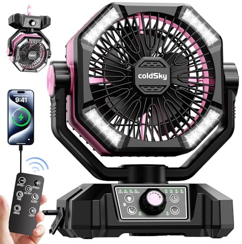 coldSky Ventilador de camping con motor dual, ventilador a pilas con 4 linternas LED, ventilador de escritorio de 8 velocidades con control remoto, ventilador portátil para exteriores con gancho para