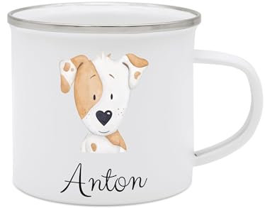 wunderwunsch - Personalisierte Emaille Tasse Kinder mit hochwertigem Spezial-Druck – Bruchsicher, Leicht & Umweltfreundlich – Perfekt für Zuhause, Kindergarten oder Camping (Hund)