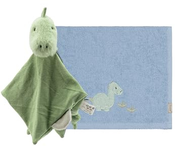 Sterntaler Geschenkset Dino Rexi - bestehend aus Baby Schmusetuch mit Rassel & weichem, saugfähigem Kinderhandtuch - als Geschenk zur Geburt, Geburtstag oder Baby-Party, blau