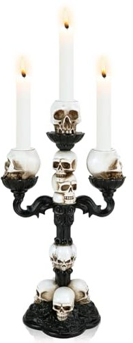 Kerzenständer Schwarz Gothic Deko, Halloween Statue Totenkopf Deko Kerzenständer Stabkerzen mit 5-Arme, Totenkopf Lampe Harz Ornamente, Vintage Tisch Deko für Startseite Wohnzimmer (3-Arme)