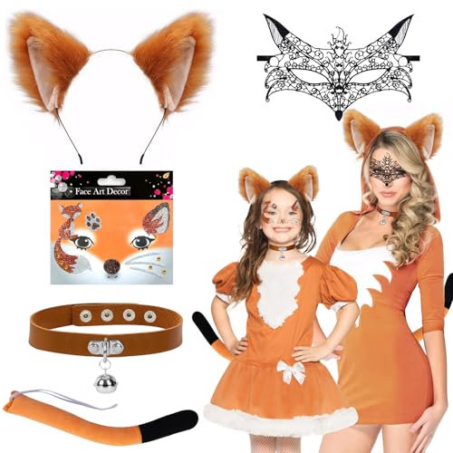 Fuchs Kostüm Set, 5 Stück Fuchs Kostüm Damen Fuchs Kostüm Kinder,Fuchs Ohren Fuchsohren Haarreif,Fuchsschwanz,Fuchs Maske,Glocke Halskette,Fox Tattoo Gesicht für Faschingskostüm,Tierkostüm,Halloween
