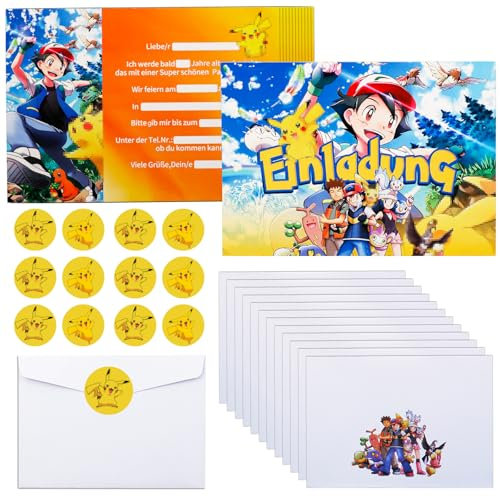 COQOYO Einladungskarten Kindergeburtstag Jungen Mädchen, 12pcs Geburtstag Einladungen auf Deutsch, Partyeinladungen mit Bunte Umschläge und Runde Stickers, Cartoon Einladung Set für Kinder Party