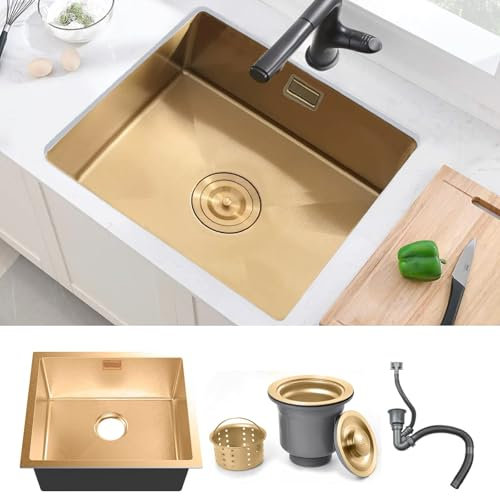 BoomHoze Fregadero Cocina 50 x 45 cm, Fregadero Bajo Encimera, Fregadero Acero Inoxidable Con Rebosadero Y Escurridor, Instalación Empotrada O Sobre Encimera (Oro)