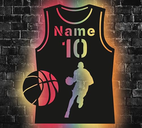WALUNA® Basketball Trikot mit Nummer und Name personalisierte Jungen Deko, LED Geschenke für Basketballer - Nachtlicht Gaming USB Lampe personalisierte für Mädchen und Junge Deko in 12 Holzarben