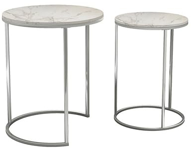 URBNLIVING 2 Pcs Round Nesting Stacking Sofa Side Bedside End Tables Set White Marble Wooden Top with Chrome Metal Legs Modern Space Saving Accent Coffee Tea for Living Room Bedroom Office
