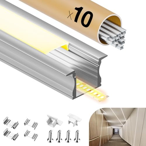 GEEKLUX 10 Sets LED Profil 2 m (Gesamt 20 m) LED Trockenbauprofil U-Profil für bis zu 12 mm led Streifen, geeignet für Einbau in Möbel, Wände, Decken, Trockenbau, Abmessungen: 26,7 x 10 mm