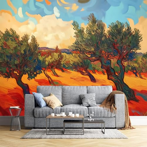 Fototapete Grüner Olivenhain Vintage Ölgemälde Panorama Natur Modern Wohnzimmer Schlafzimmer Wandtapete Seide Tapete Motivtapeten Bildtapete 3D Effekt Wand Dekoration (260X175Cm)