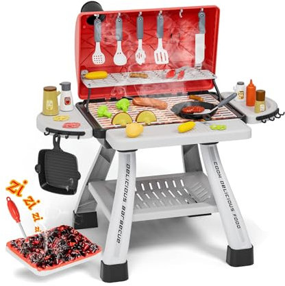 Kinder Grill Spielzeug, Küche Spielzeug Set mit Led und Grillbesteck, BBQ Grill Spielset,Küchenset Kindergriller für Kinder ab 3 4 5 6 7 Jahre