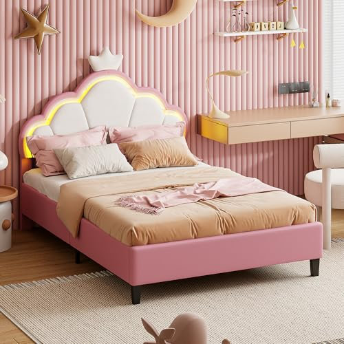LED Polsterbett 140x200 cm, Einzelbett für Mädchen, Bettgestell mit Höhenverstellbar Kopfteil in Kronenformung und Lattenrost, Mädchenbett Jugendbett aus Samt, Ohne Matratze Rosa
