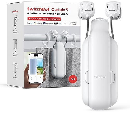 SwitchBot Smart Automatischer Vorhangöffner - Bluetooth Fernbedienung mit App/Timer, Aufgerüsteter Hochleistungsmotor, Kompatibel mit Matter/HomeKit (SwitchBot Hub 2 erforderlich) (Curtain 3, Rod)