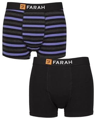 Farah Men’s 2 Pack Cotton Trunks – Classic Fit, Soft Stretch, One Plain One Striped, Supportive Comfortable Underwear for Daily Wear, Sizes S–XL Stripe Black/Purple M