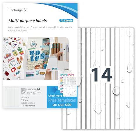 Cartridgeify 140 Stück Vinyl Etiketten Weiß auf 10 Blatt A4, 12 x 297 mm | vorgestanzte selbstklebende Aufkleber, wasserfest und individuell bedruckbar, Etiketten für Tintenstrahl- und Laserdrucker
