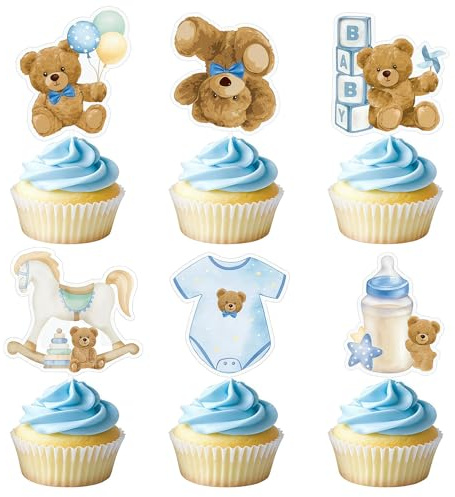 CharmeFleur 24 pièces Décoration Cupcake Ourson Bleu pour Baby Shower Garçon Nous Avons Hâte Topper pour Cupcake