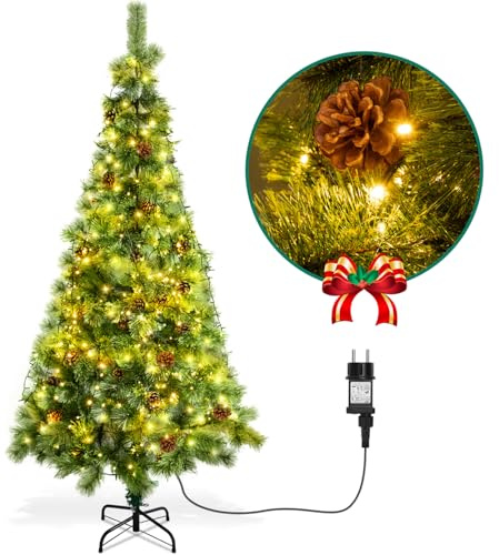 Aigostar 210 CM Árbol de Navidad Artificial，con Cadena de Luces LED de 23 M，400 LED Blanco cálido，8 Modos de Iluminación，Ramas Aguja de Pino con Piñas，Incluye Soporte de Meta，Verde