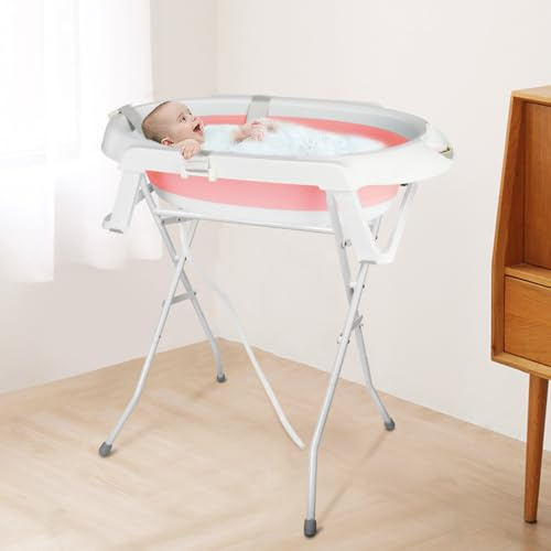 OHMG Baignoire Bébé Pliable Sur Pied,Grande Baignoire Xxl Avec Support,Thermomètre 2.0,Siège Et Kit De Drainage,Bassine Bébé,Idéale Pour La Douche,De La Naissance À 3 Ans,Cadeau Bébé
