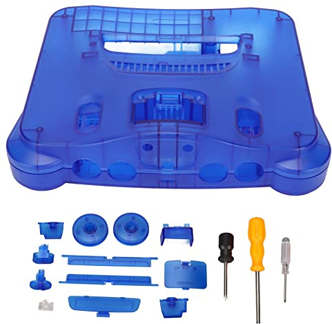 CEMTUKLBP Retro-Videospielkonsolen-Ersatzschale, durchscheinende blaue N64-Schutzhülle, hochwertiges ABS-Material mit Montageschraubendreher und Logo-Aufkleber, komplettes Zubehörset für