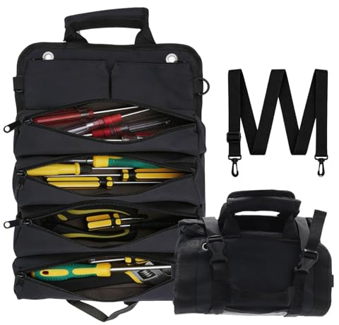 Ollanoos Heavy-Duty Black Tool Organizer Bag, Roll-Up Design with 2 Detachable Pouches for Maximum Utility, Keep Wrenches, Screwdrivers & Pliers Organized