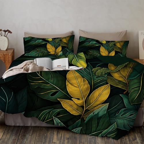 SMBHIAON Bettwäsche Monstera-Blatt-Design Bettbezügen 155×220Cm Weich & Bügelfrei Bettbezüge Mit Reißverschluss - Tropische Blätter Bettwäsche Set Mit Kissenbezüge 80Cm X 80Cm