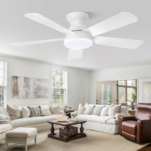RLMIEL 42 Inch Ceiling Fans with Lights and Remote,Outdoor Indoor Modern Flush Mount Ceiling Fan with 3CCT 6-Speed Quiet DC Motor,White Small Low Profile Ceiling Fan for Bedroom Living Room (42inch)