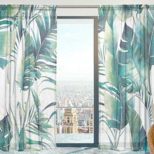 Mnsruu Tende trasparenti per finestra, con palma e foglie di banano, in morbido tulle, per soggiorno, camera da letto, 140 x 213 cm, 2 tende