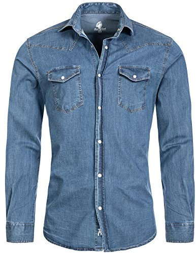 Rock Creek Herren Jeans Hemd Herrenhemd Denim Jeanshemd Vintage mit druckknöpfen Regular Fit Stehkragen Kentkragen Langarm Männer H-200Hellblau 3XL