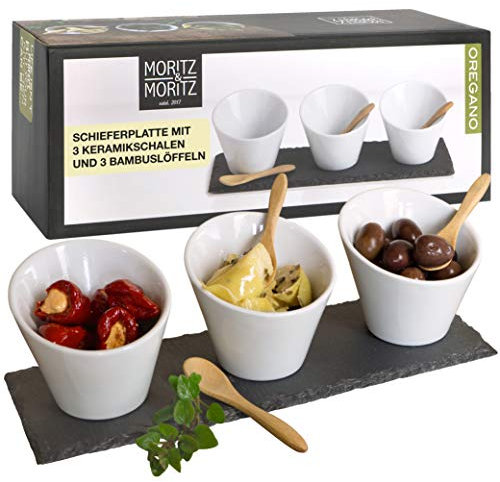 Moritz & Moritz Juego de Servir Oregano de 7 Piezas - Cuencos de Ceramica Bandeja de Pizarra Cucharas de Bambu - Para Salsas Snacks Entrantes Postres