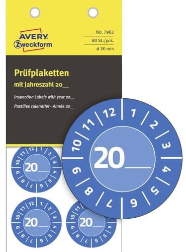 AVERY Zweckform 80 Stück Prüfplaketten 20xx (mit Jahreszahl zum selber eintragen, widerstandsfähig, stark selbstklebend, Ø30 mm, Prüfaufkleber, beschriftbare Prüfsiegel aus Vinyl-Klebefolie) 7903 blau