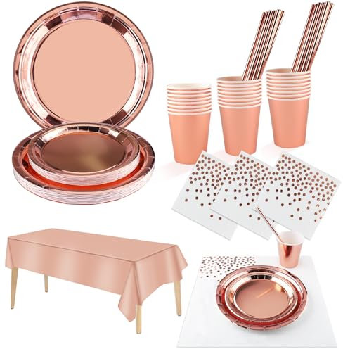 ZEEREE Geburtstagsgeschirr, 121-teilig, Partygeschirr mit Tasse, Serviette, Papier, Strohhalm, Teller, Tassen, Servietten, Thema, Rosa, Gold, Geburtstagsdekoration für Mädchen (24 Gäste)