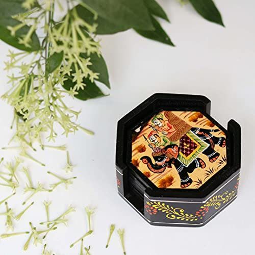 Swadeshi Blessings Holzuntersetzer-Set für Kaffee/Tee, achteckig, handgefertigt und handbemalt, für Küche/Tisch/Heimdekor/Abendessen/Geschenke/Restaurants/Wohnzimmer/Couchtisch (6 Stück), Schwarz