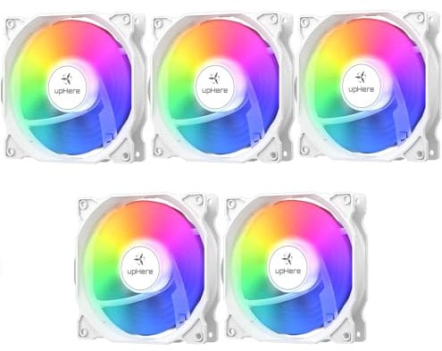 upHere 120mm RGB Case Fan,Quiet Edition High Airflow Adjustable Color LED Case Fan for PC Cases, CPU Coolers,Radiators System,5-Pack,White Edition/C806-5