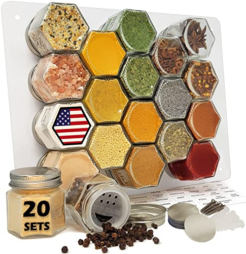 Magnetische Gewürzgläser, leer, klein, sechseckig, Glas, Gewürzgläser, 20 Sets mit magnetischen Deckeln, Shaker, Magnettafel, Gewürzetiketten, Gewürzdosen, Schrank, Wandhalterung