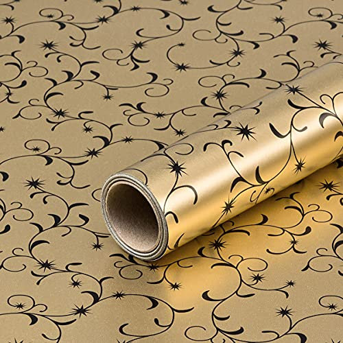 Geschenkpapier Gold mit schwarzen Arabesken, Weihnachtspapier, 0,70 x 10 m