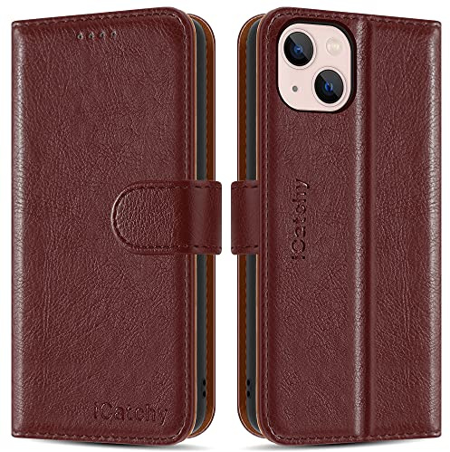 iCatchy for iPhone 13 Mini Case (5.4'') Leather Wallet Book Flip Folio Cover (Brown)