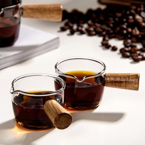SUQ 2Pcs Glass Milk Cup, Small Espresso Coffee Cup, Glass Sauce Dish, Multi-Functional Wood Handle Cup, Creamer Jugs Sauce Pitcher, for Coffee Tea Maple Syrup Honey(50ml)