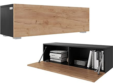 PLATAN ROOM Fernsehschrank TV-Lowboard 105/140 / 160/210 / 280 In Weiß Hängend Oder Stehend Hochglanz Matt (105 x 30 x 32, Schwarz Matt/Eiche Gold)