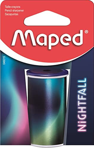 Maped - Bleistiftspitzer aus Metall mit 1 Loch für Standardbleistifte – Anspitzer mit Tank – Motiv Nightfall – recycelbare Verpackung 046015 Blau