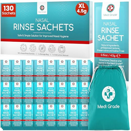 Medi Grade Sal de Lavado Nasal Todo Natural – Set Limpiador Nasal de 130 Sobres con Bolsa para Guardar – Disfruta de un Lavado Nasal en Casa y de Viaje con Nuestra Solución Descongestionante Nasal