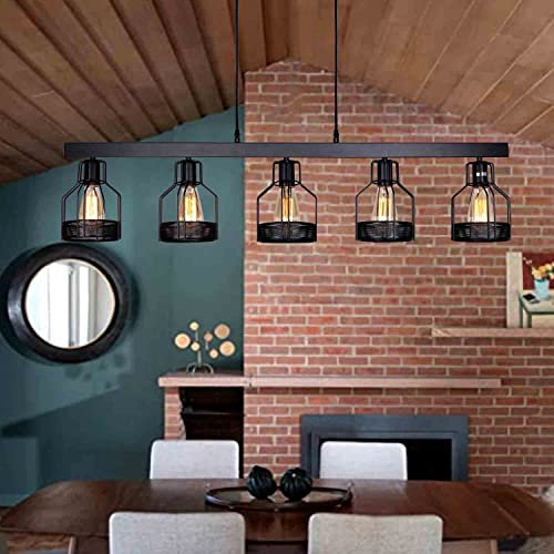 DHGIE Retro Pendelleuchte Für Kücheninsel Rustikal Schwarz Metall Lang Esstischlampe Hängeleuchte Mit 5 E27 Glühbirnen-Fassungen Industriell Hängelampen Küche Kronleuchter